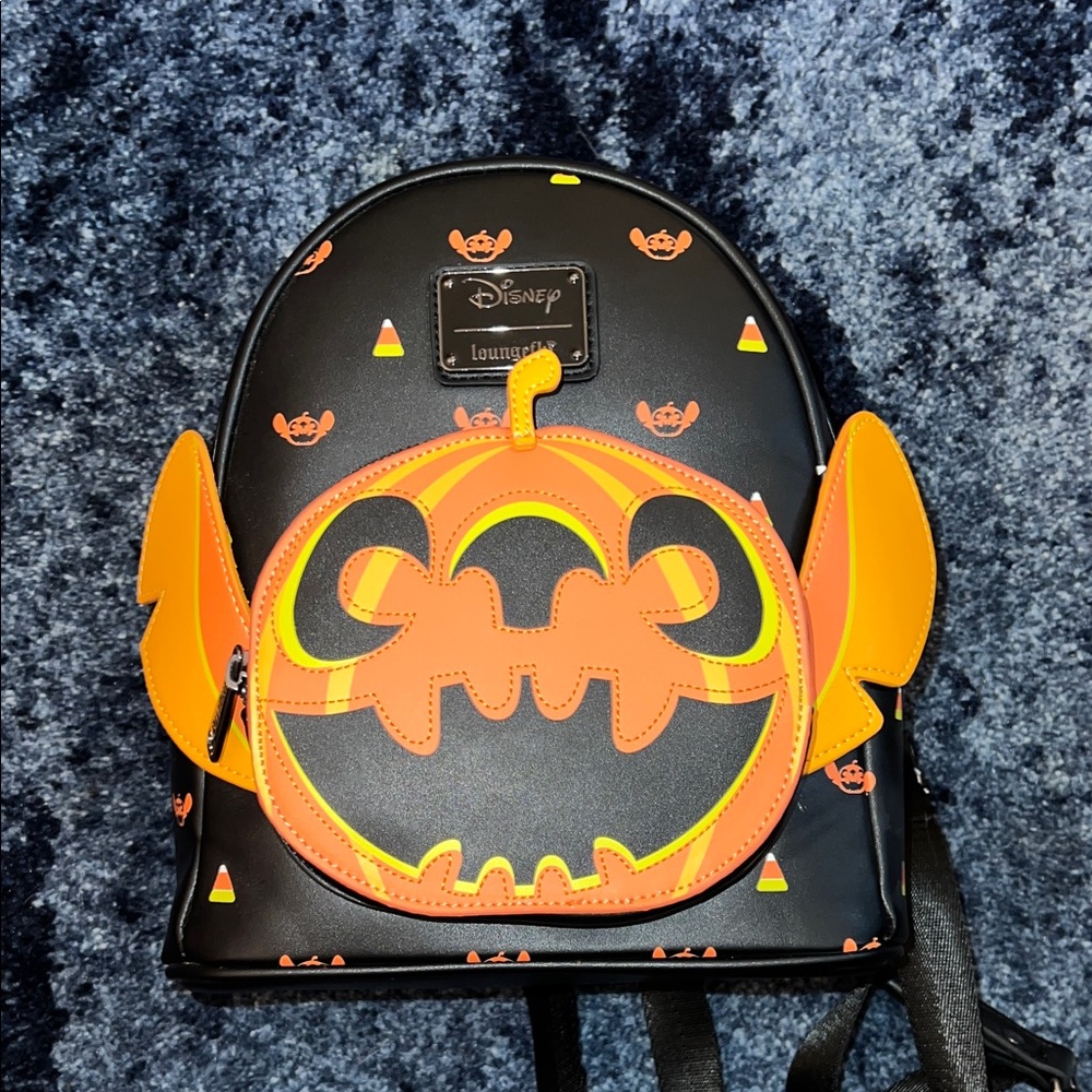 Disney Stitch Black and Orange Backpack with Pumpkin Design
